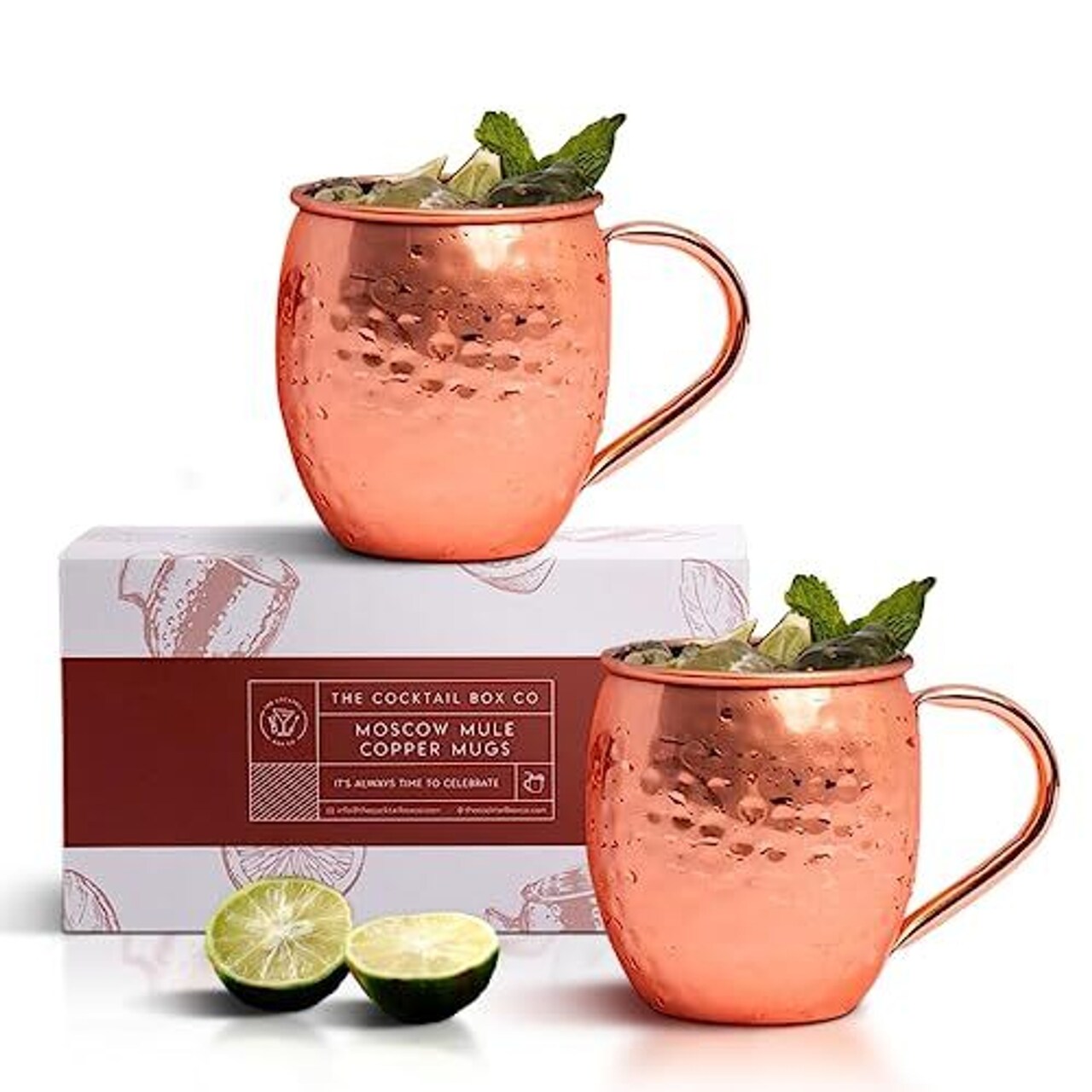 The Cocktail Box Co Moscow Mule Mugs Set of 2, Premium Pure Copper Cups, Giftable Moscow Mule Cups, an Elegant Set of 2 Copper Mugs. These Copper Cups Elevate Your Home Barware & Cocktail Experience